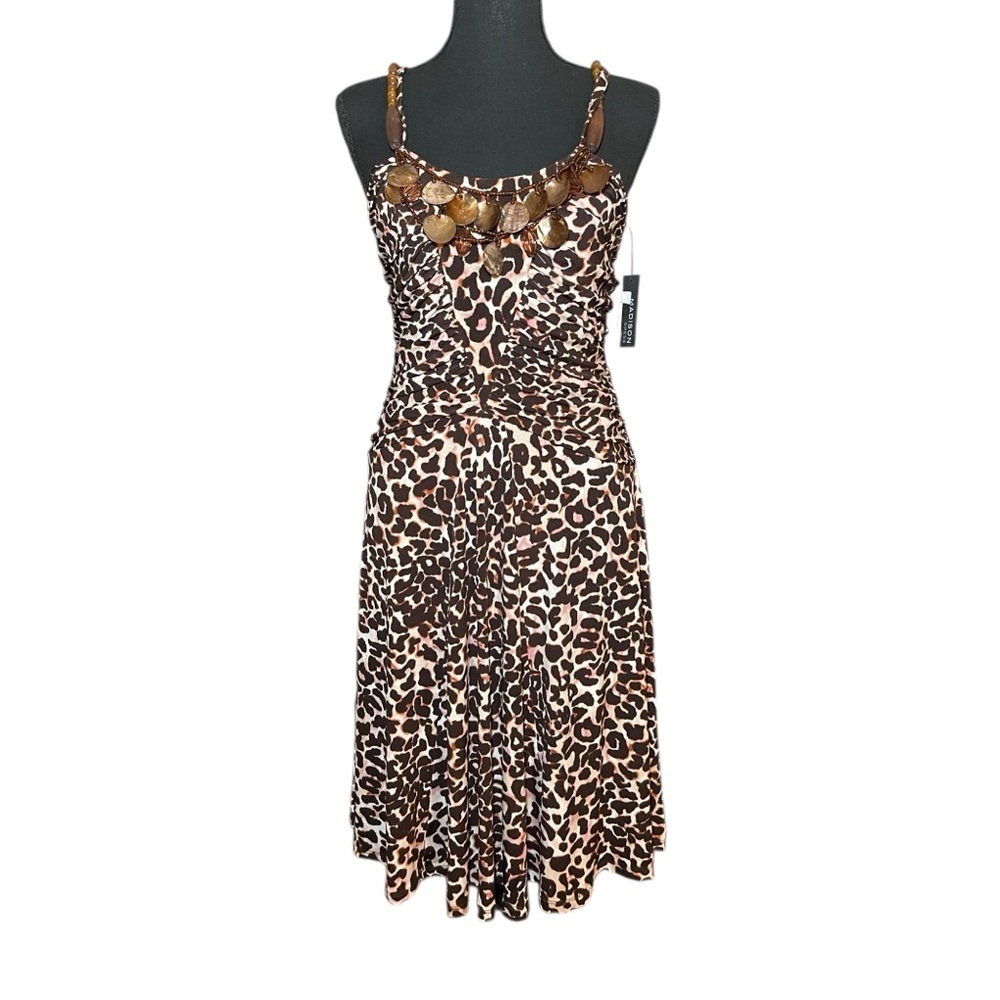 Madison Leopard Print Midi Dress Size 8 NWT | Ruched Bodice, Beaded Neckline, - Picture 2 of 8